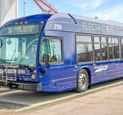 An electric bus being charged