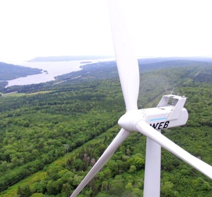 SWEB Energy white wind turbine in operation in Baddeck, N.S.