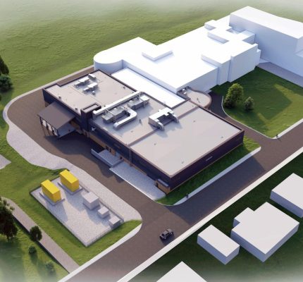 Architectural aerial view rendering of Brandon water project, a dark-faced, flat-roofed building adjacent to a larger, white block structure, surrounded by green landscaping and asphalt driveways.