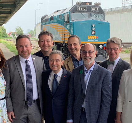 Group photo of partners in the High Frequency Rail project, Canada Infrastructure Bank, VIA Rail Canada and Transport Canada