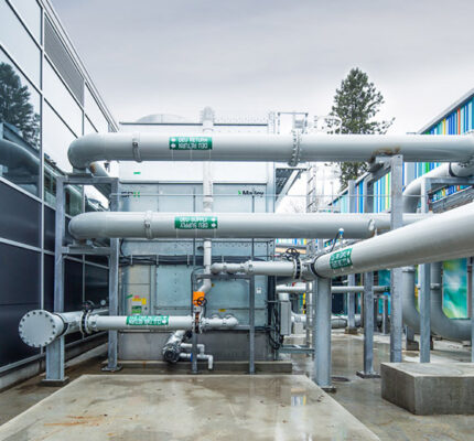 Pipes on the outside of the Lulu Island Direct Energy facility in Richmond, BC