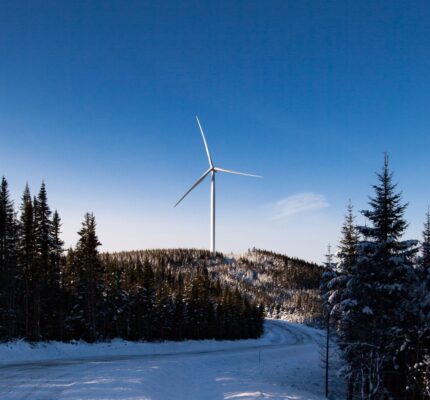 Paysage enneigé avec une grande éolienne au sommet d’une colline, entourée d’arbres à feuilles persistantes.