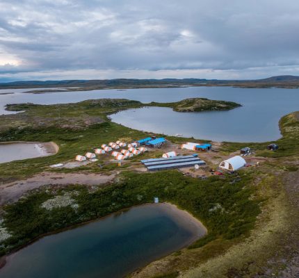 Aerial image of tents set up at the Strange Lake mine site.