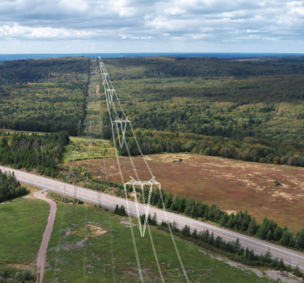 Illustration de lignes de transport aériennes traversant une forêt et une route