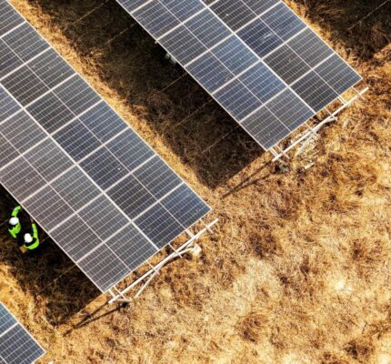 Aeriel photo of solar panels on a brown field.