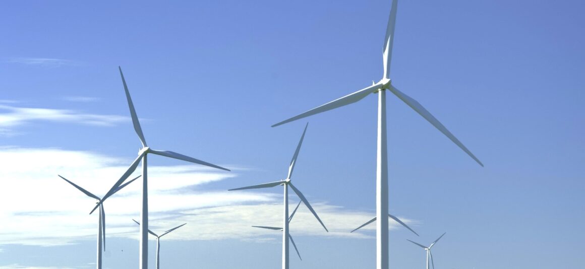 Several white wind turbines stand tall against a clear blue sky over a grassy field and trees.