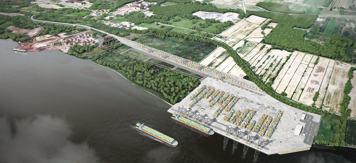 Aerial artist’s view of the Contrecoeur container terminal with ship in the water.