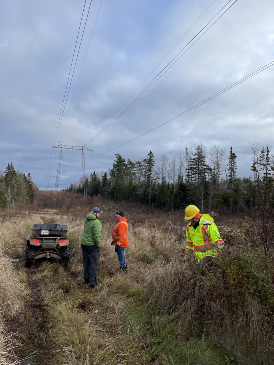Travailleurs de Nova Scotia Power examinant l’emplacement des nouveaux câbles de transport aérien