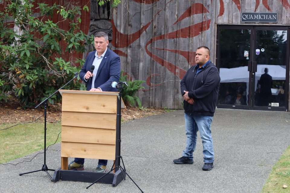 Josh Handysides, CAO and Chief Gordon Harry, Malahat speaking at the financial close event and ceremony