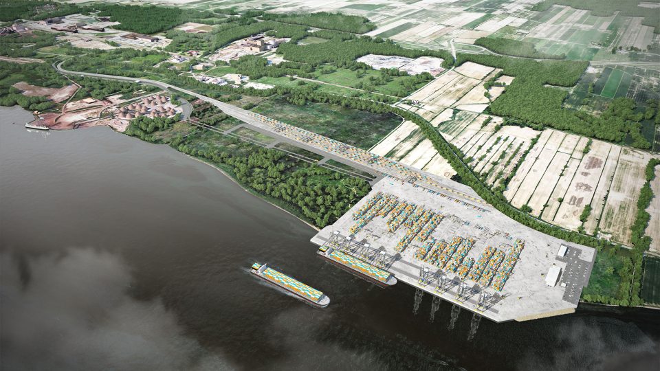 Aerial artist’s view of the Contrecoeur container terminal with ship in the water.