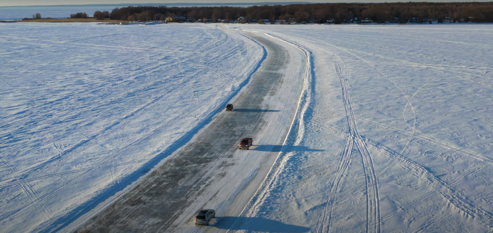 Vehicles crossing the ice road between Georgina Island, ON and the south shore of Lake Simcoe