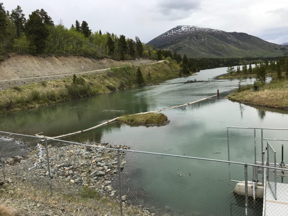 The Atlin hydroelectric site, including fencing and equipment in the water