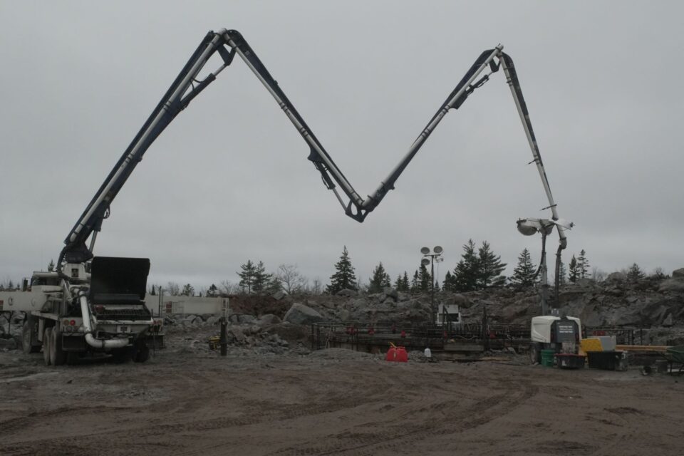 Heavy equipment used to pour concrete to create the base for a turbine at the Benjamins Mill wind project in Hants County, Nova Scotia.