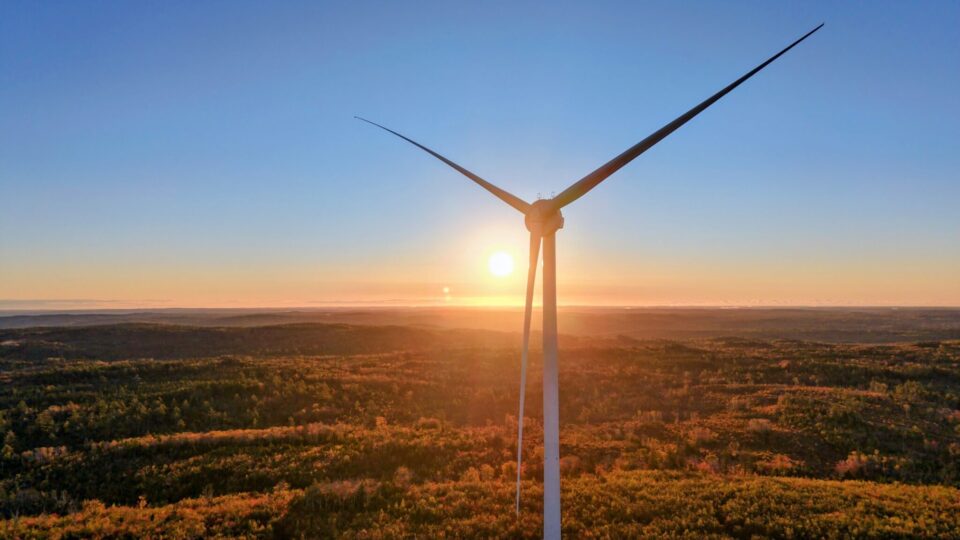 A towering wind turbine stands silhouetted against a bright sunset over a vast, forested landscape at the Benjamins Mill Wind completed site.