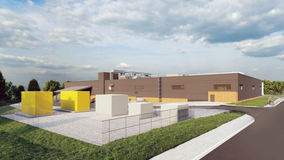 Rendu architectural du projet d’infrastructures liées à l’eau de Brandon, une façade moderne de couleur marron comportant deux structures cubiques jaune vif et plusieurs blocs blancs dans un premier plan paysager sous un ciel nuageux.