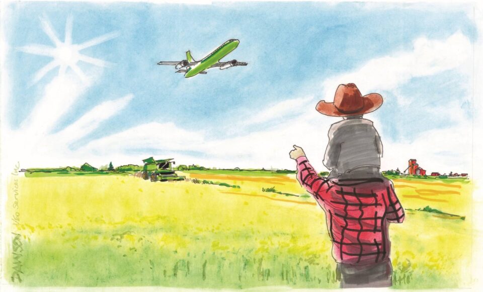 Dessin d’un homme avec un garçon portant un chapeau de cow-boy assis sur ses épaules pointant vers le haut un avion dans le ciel, tout en se tenant dans un champ.