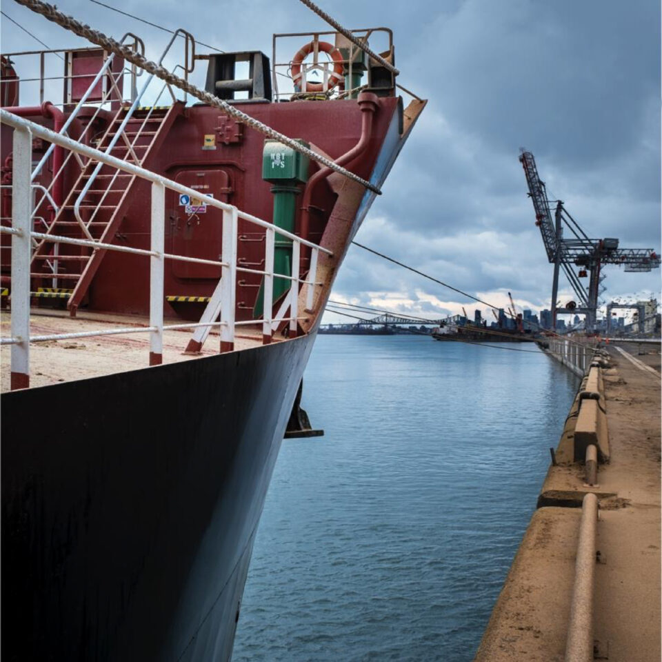 A ship approaching the pier at the Contrecoeur Port in Montreal