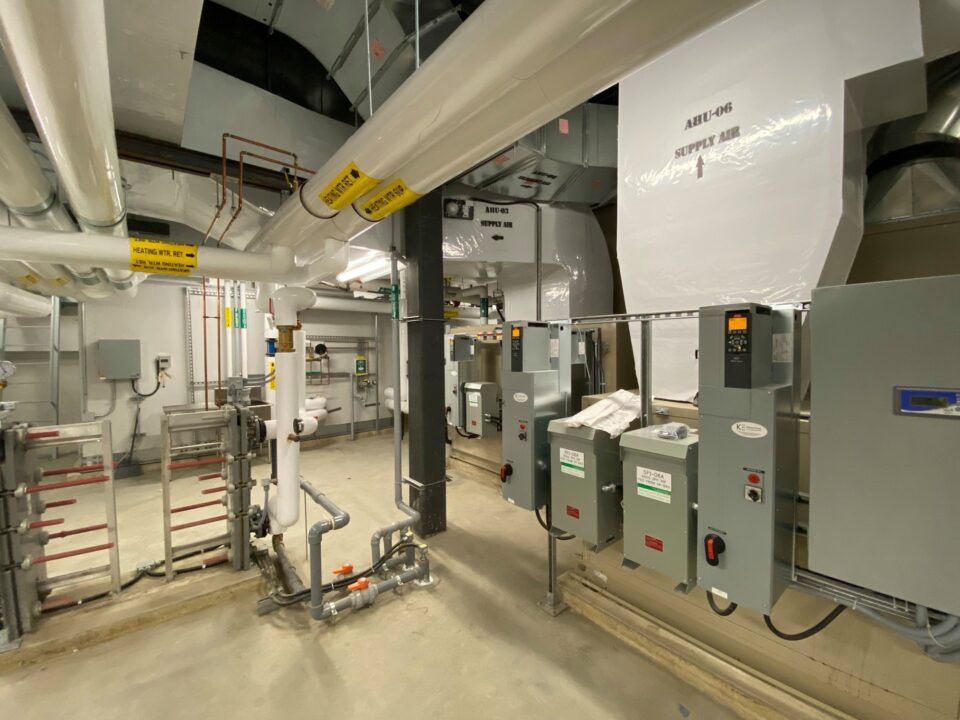 The interior of a mechanical room at the Modern Niagara building in Kingston, ON