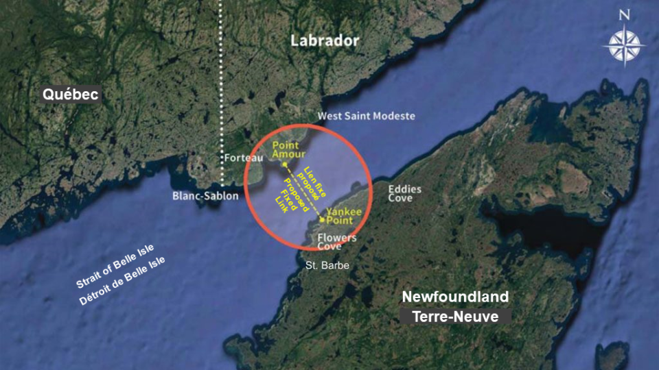 A map indicating a proposed fixed link between Newfoundland and Labrador at the Strait of Belle-Isle