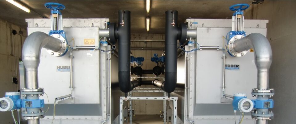 Two HUBER Rowin® wastewater heat exchangers, pictured side by side
