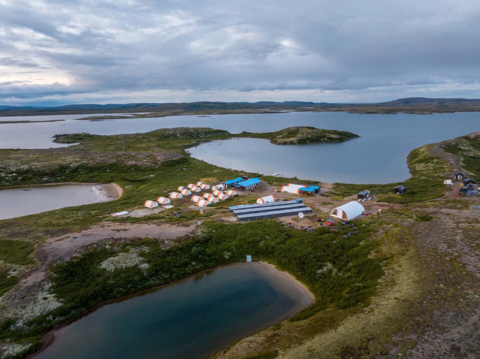 Aerial image of tents set up at the Strange Lake mine site.