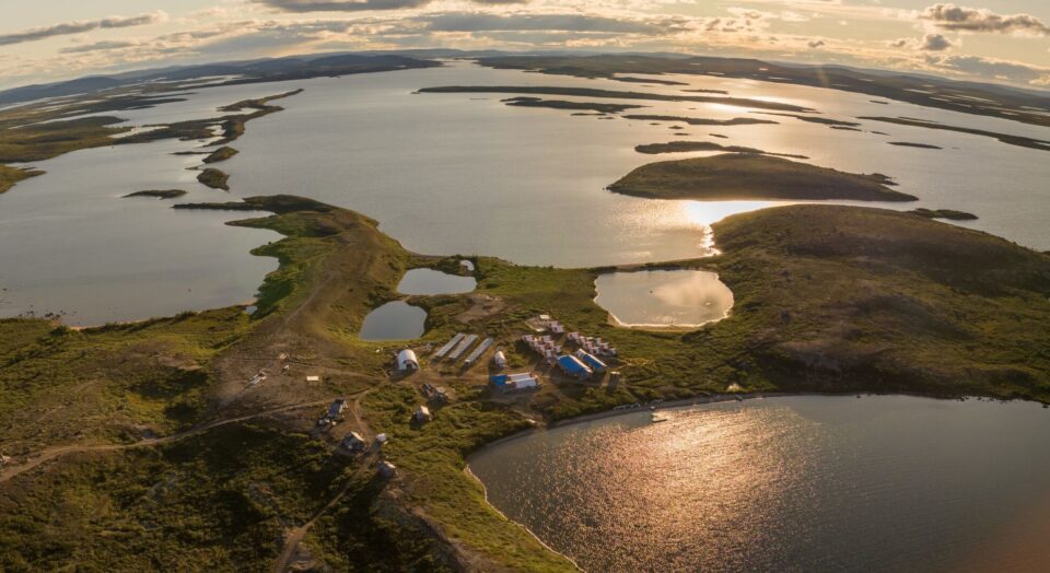 Sunset aerial view of the Strange Lake mine site.
