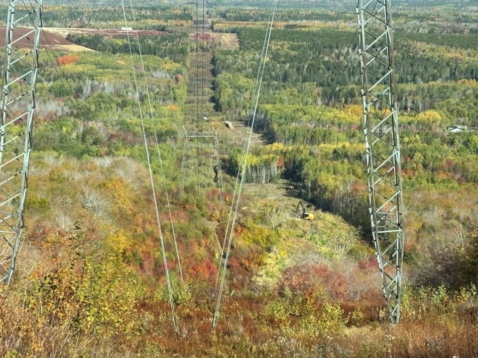 Workers in excavator digs near transmission lines cutting through forest and road.