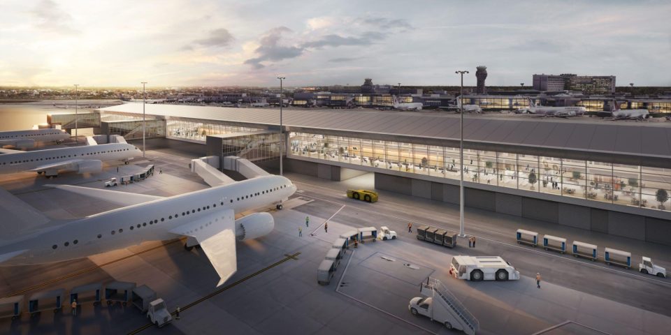 Rendering of the airport tarmac that shows planes loading and unloading at a satellite jetty.