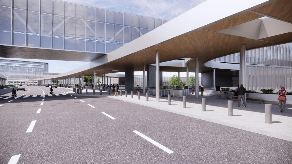 Rendering of buildings and a road that show the connectivity of the cityside infrastructure