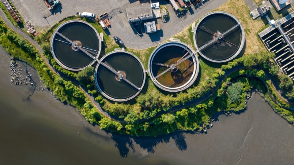 Stock aerial photo of wastewater treatment