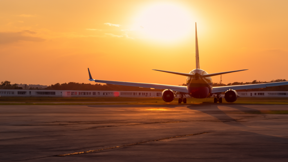 Avion atterrissant à l’aéroport avec coucher de soleil