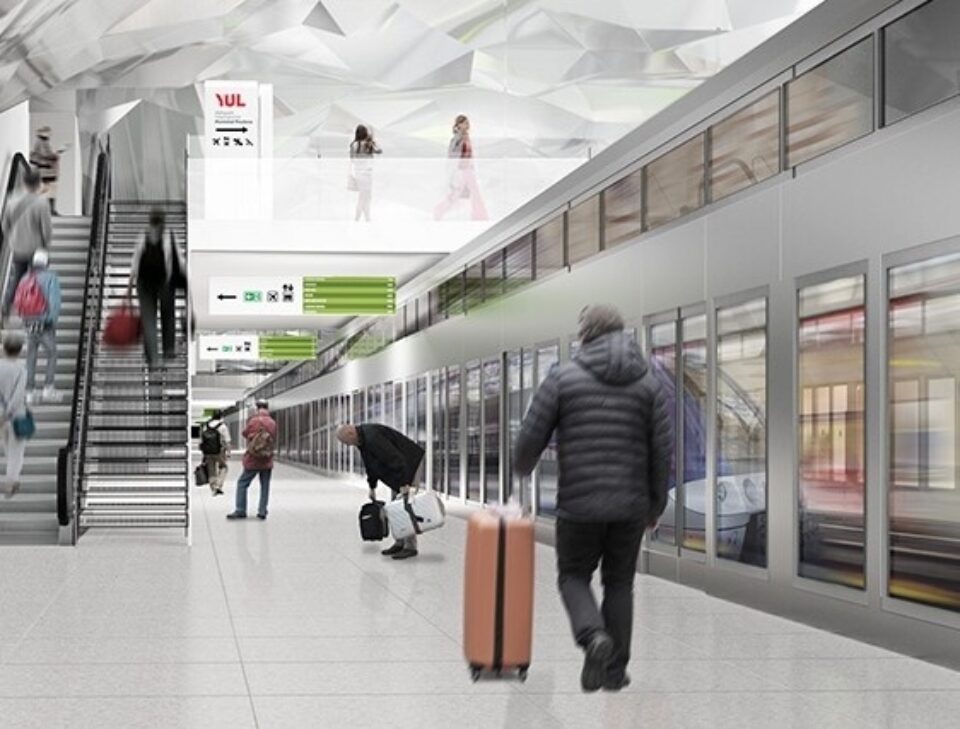 The interior of the Réseau express métropolitain (REM) station at Montreal airport