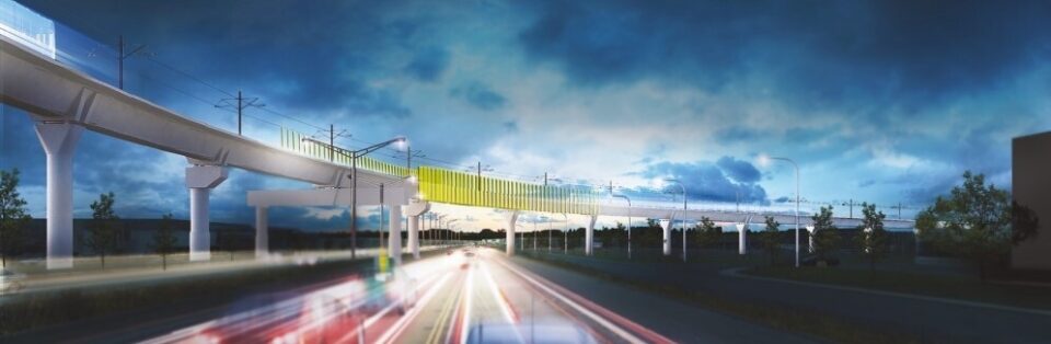 A rendering of the approach to the Montréal-Trudeau International Airport REM Station from Highway 4