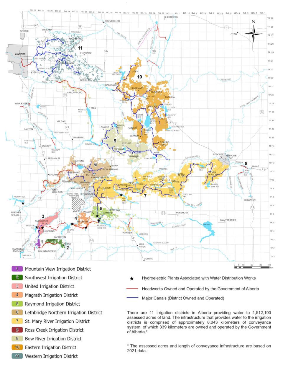 Alberta’s irrigation districts and underground infrastructure are marked in a colourful map of the province’s growing areas.